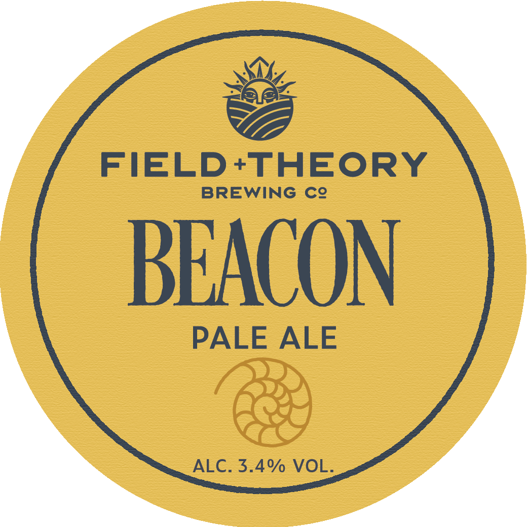 Round label for Field Theory Brewing Co. Beacon Pale Ale with yellow background and black text.