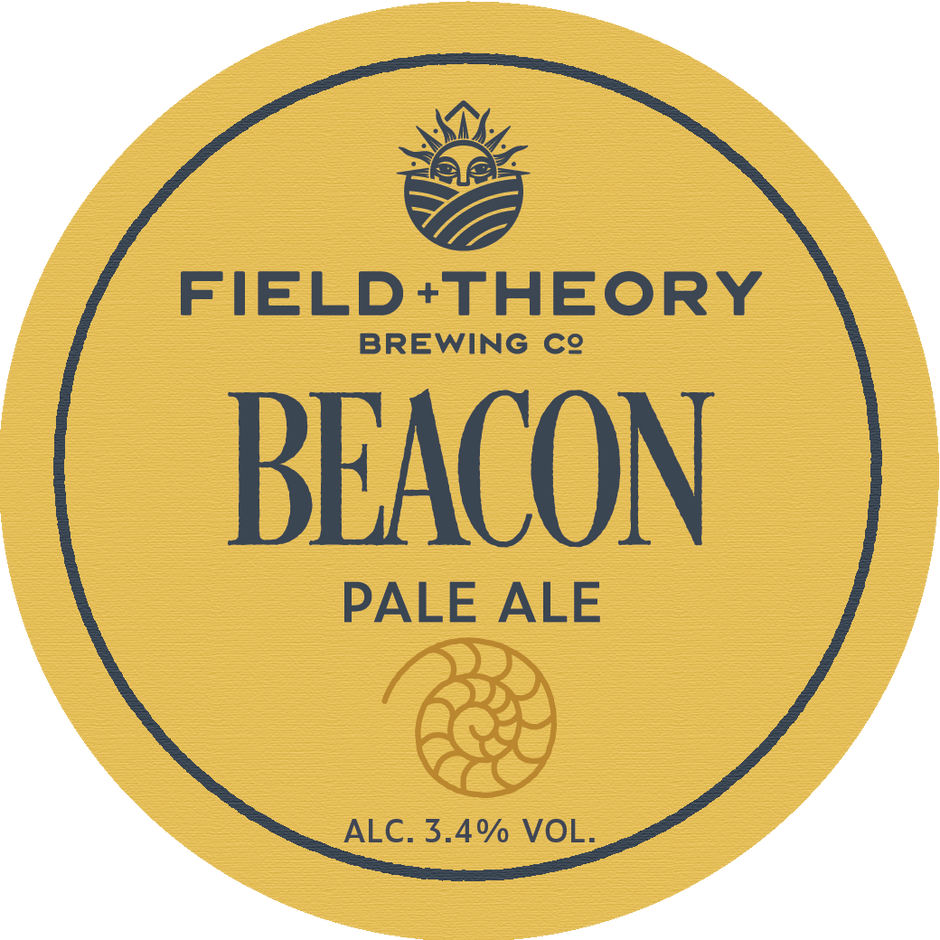 Round label for Field Theory Brewing Co. Beacon Pale Ale with yellow background and black text.