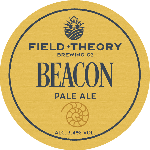 Round label for Field Theory Brewing Co. Beacon Pale Ale with yellow background and black text.