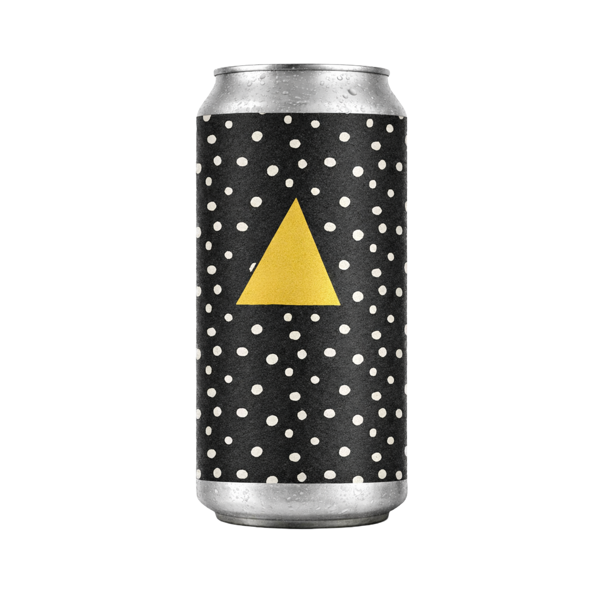Can with black polka dot design and yellow triangle on a white background