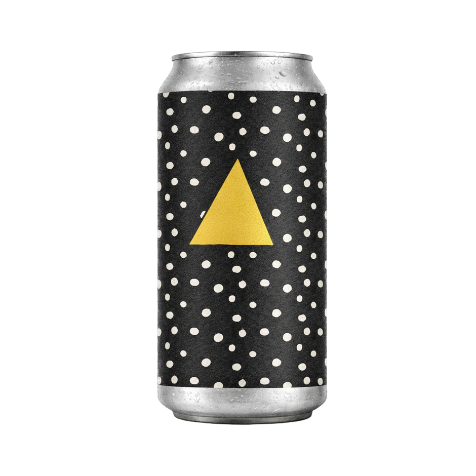 Can with black polka dot design and yellow triangle on a white background