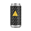 Can with black polka dot design and yellow triangle on a white background