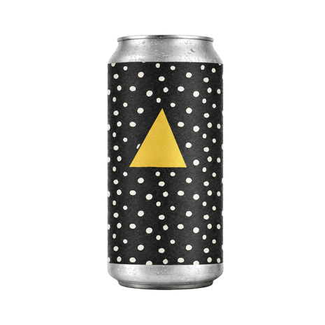 Can with black polka dot design and yellow triangle on a white background