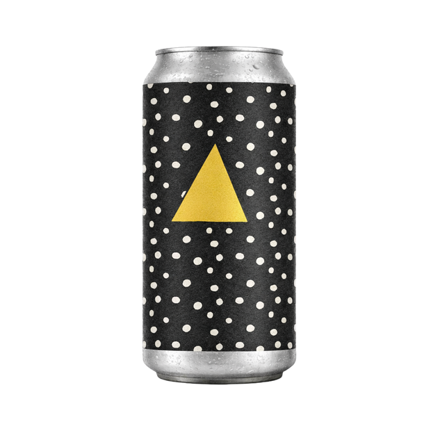 Can with black polka dot design and yellow triangle on a white background