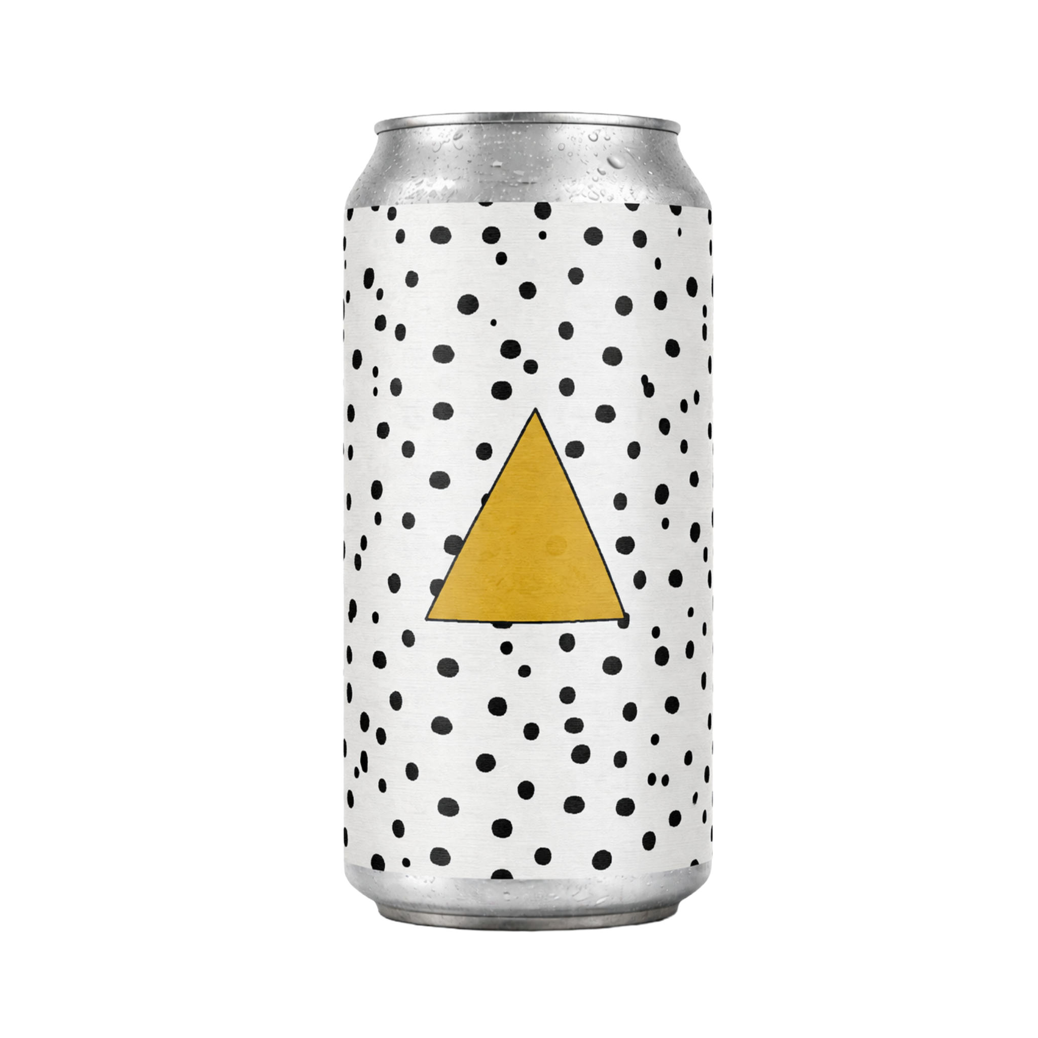 White can with black polka dots and a yellow triangle on a white background