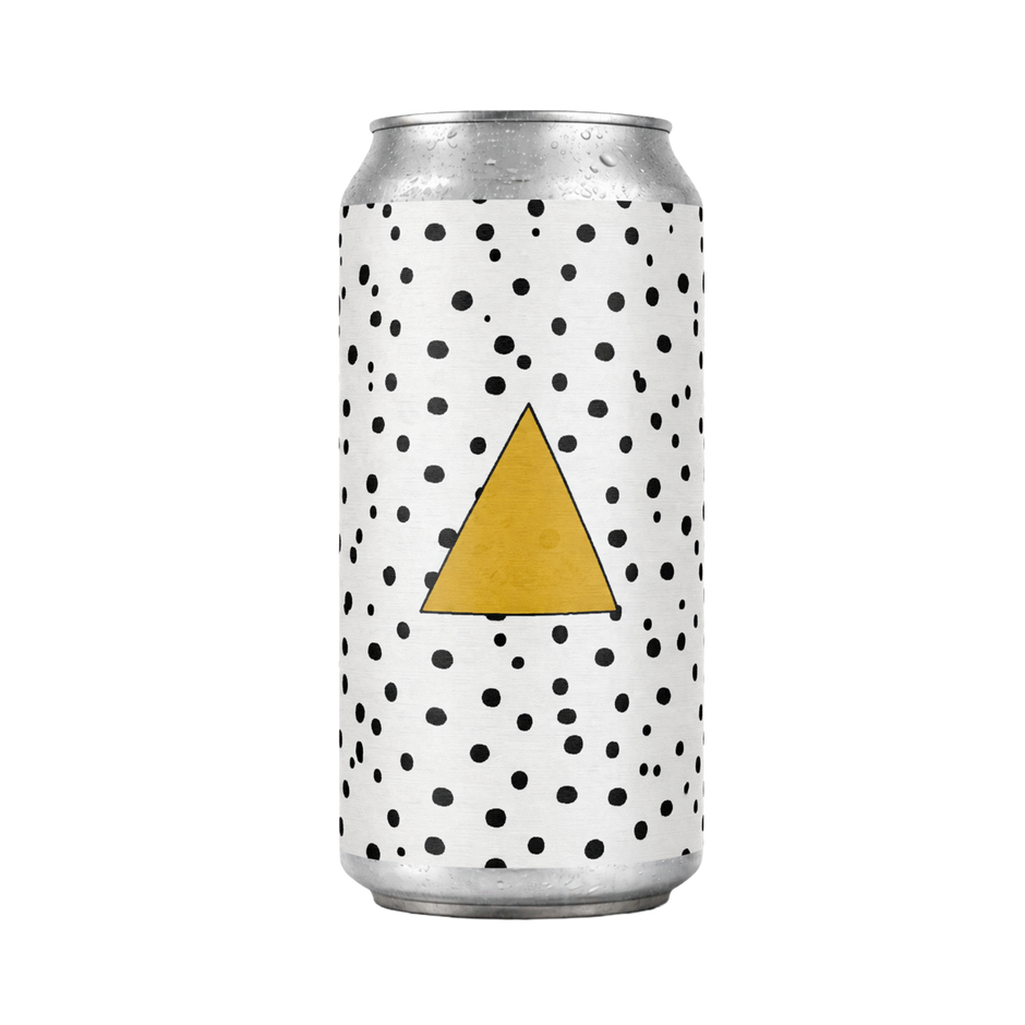 White can with black polka dots and a yellow triangle on a white background