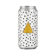 White can with black polka dots and a yellow triangle on a white background