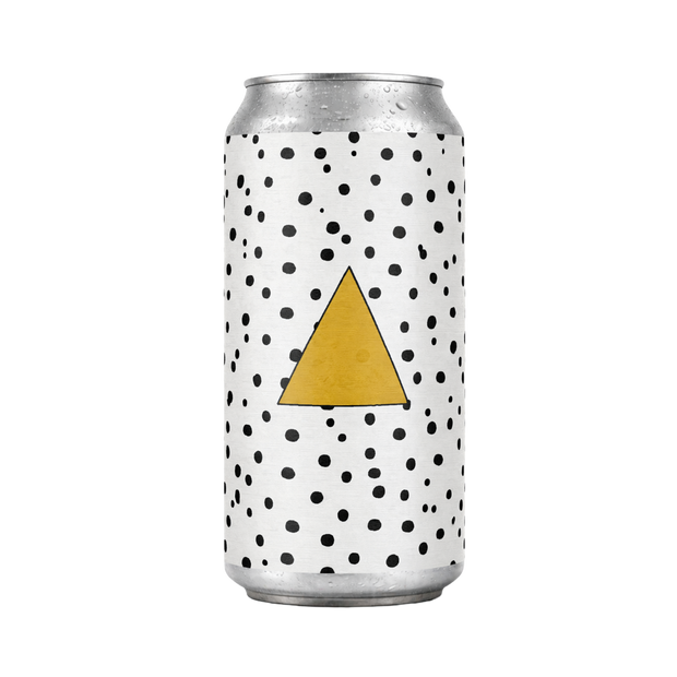 White can with black polka dots and a yellow triangle on a white background