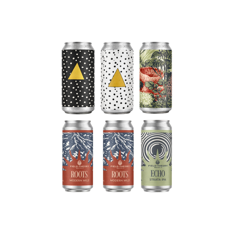 Set of six canned craft beers with various organic designs on a white background