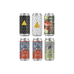 Set of six canned craft beers with various organic designs on a white background