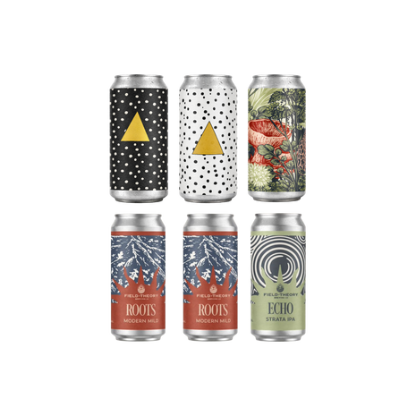 Set of six canned craft beers with various organic designs on a white background