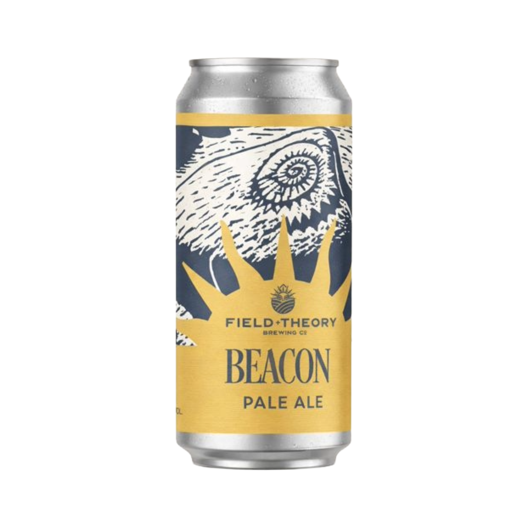Can of Field Theory Beacon Pale Ale with a yellow and blue label on a white background