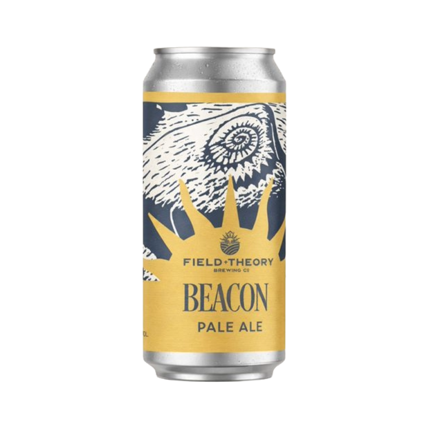 Can of Field Theory Beacon Pale Ale with a yellow and blue label on a white background