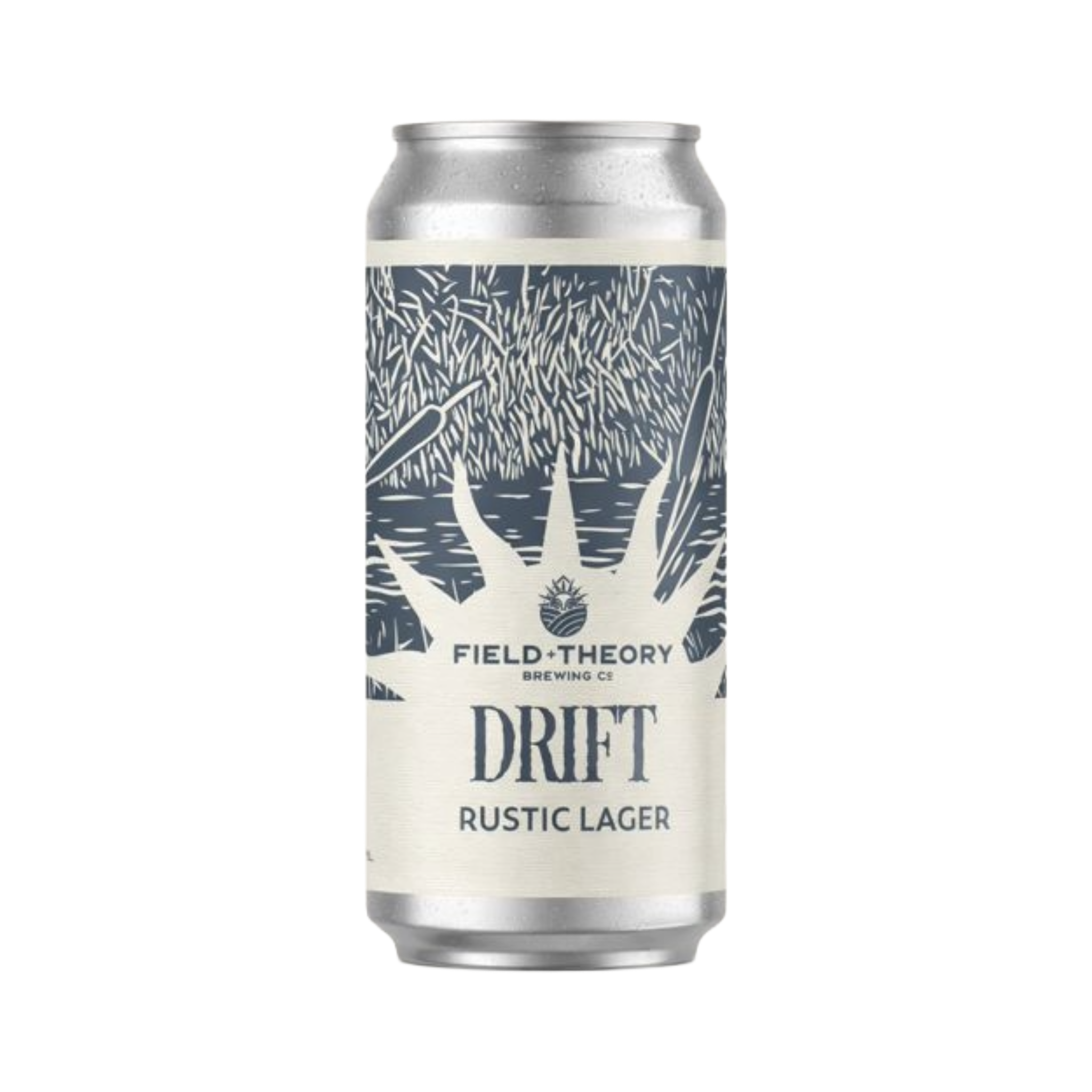 Can of Field Theory Brewing Co. Drift Rustic Lager on a white background