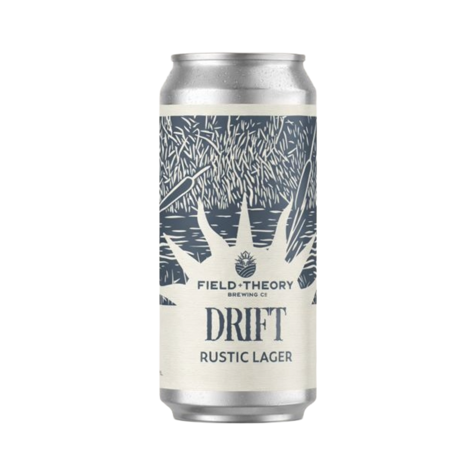 Can of Field Theory Brewing Co. Drift Rustic Lager on a white background