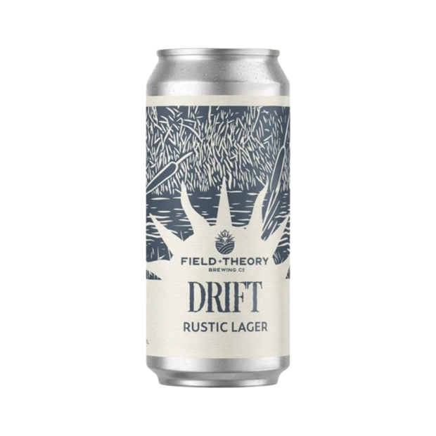 Can of Field Theory Brewing Co. Drift Rustic Lager on a white background