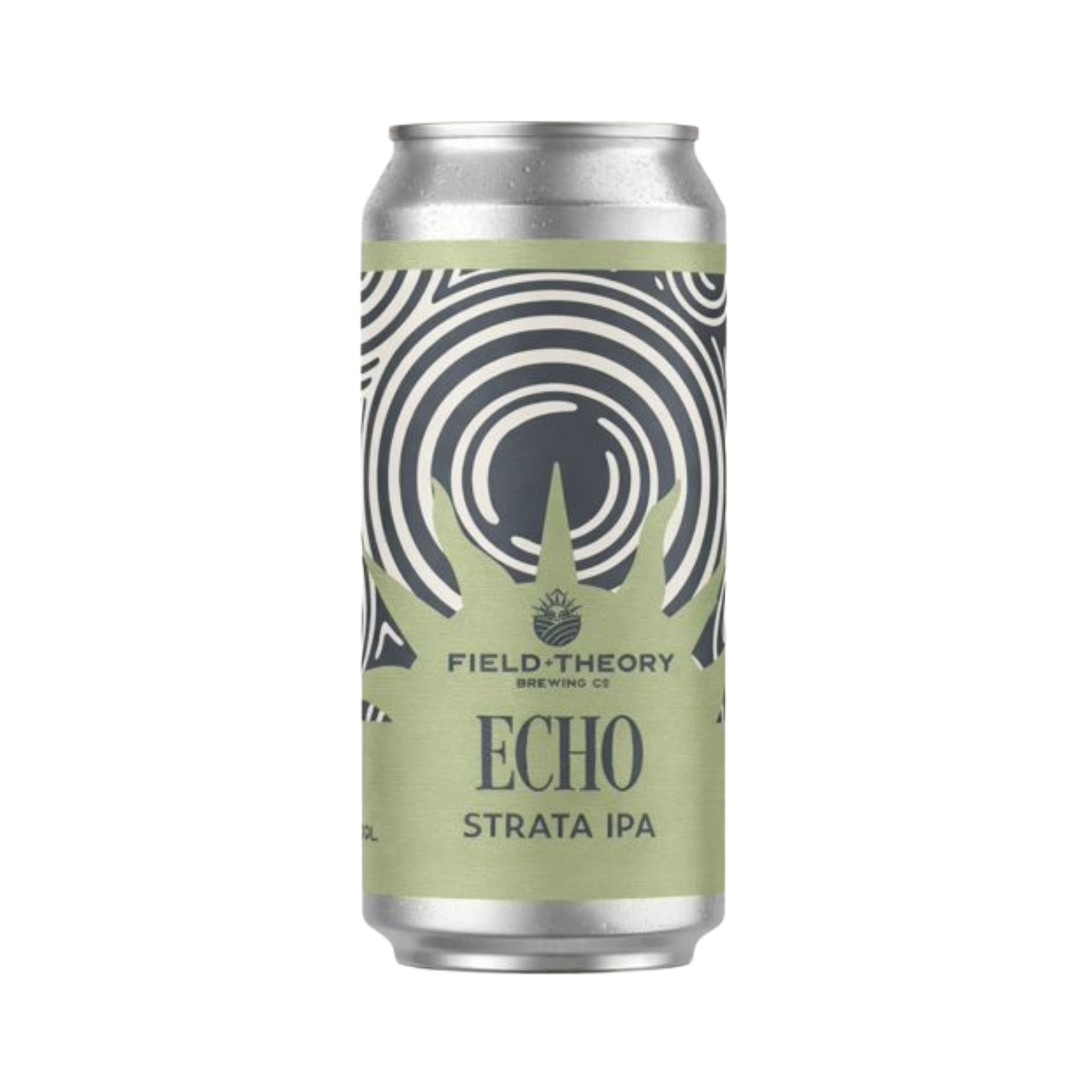Beer can with 'Field Theory Brewing Co. Echo Strata IPA' label on a white background