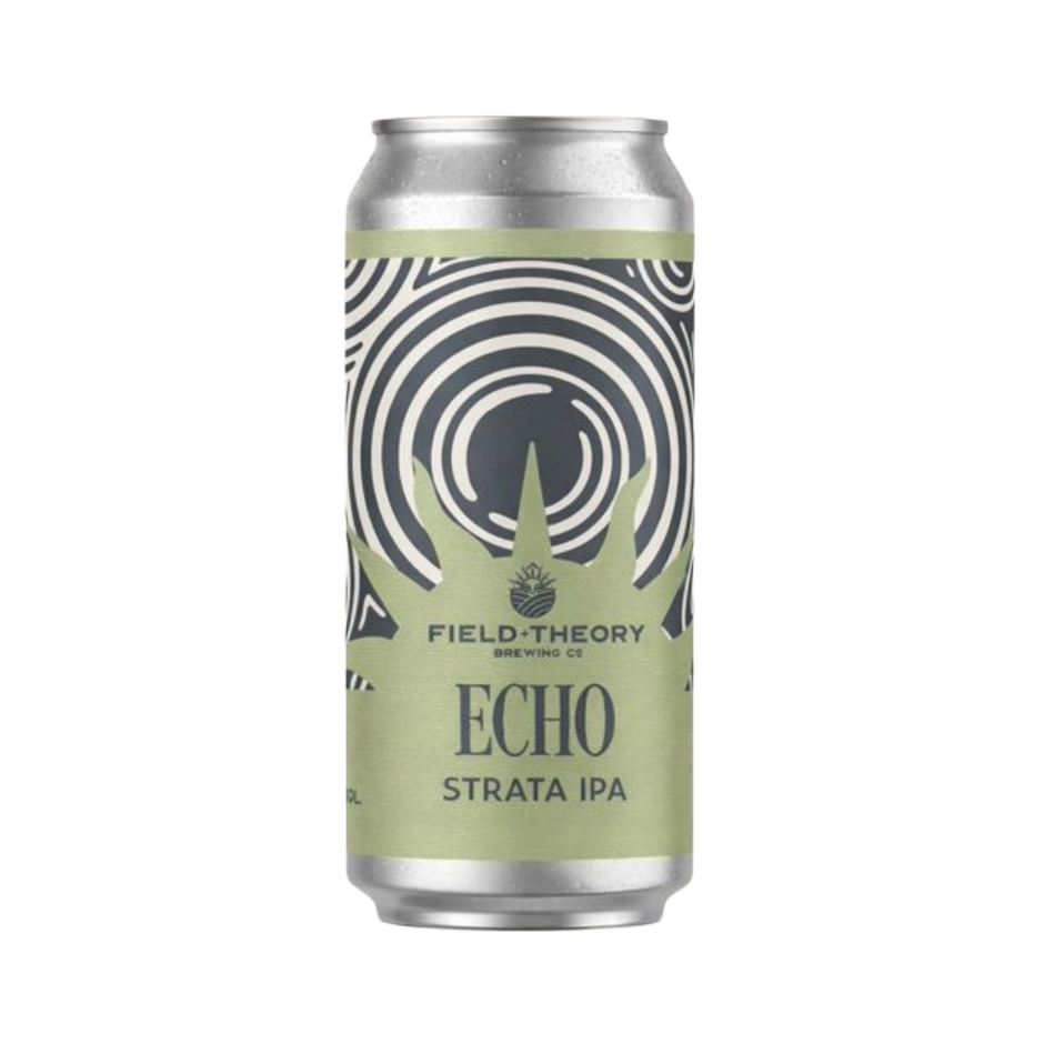 Beer can with 'Field Theory Brewing Co. Echo Strata IPA' label on a white background