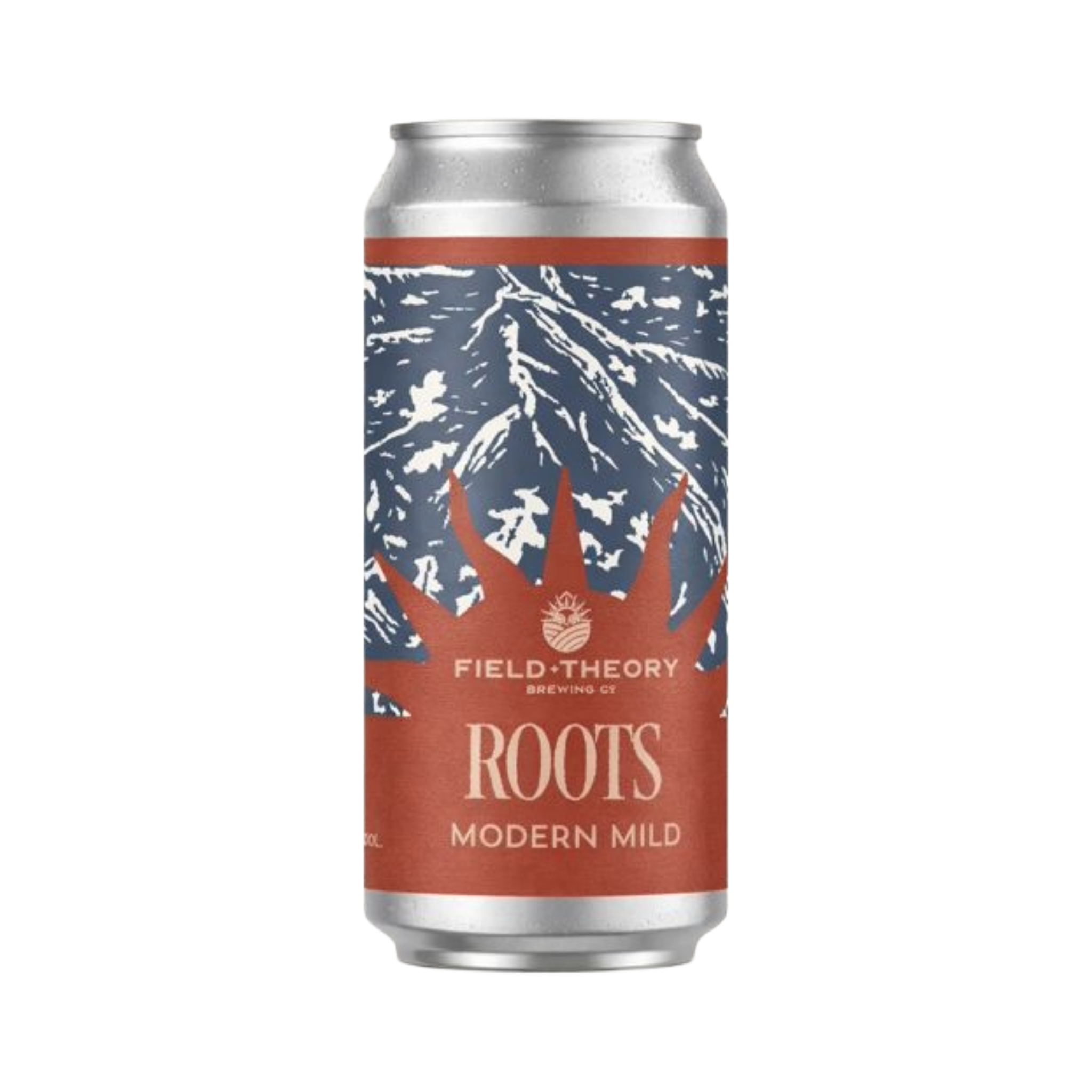 Roots Modern Mild Beer can with 'Field Theory Brewing Co' label on a white background