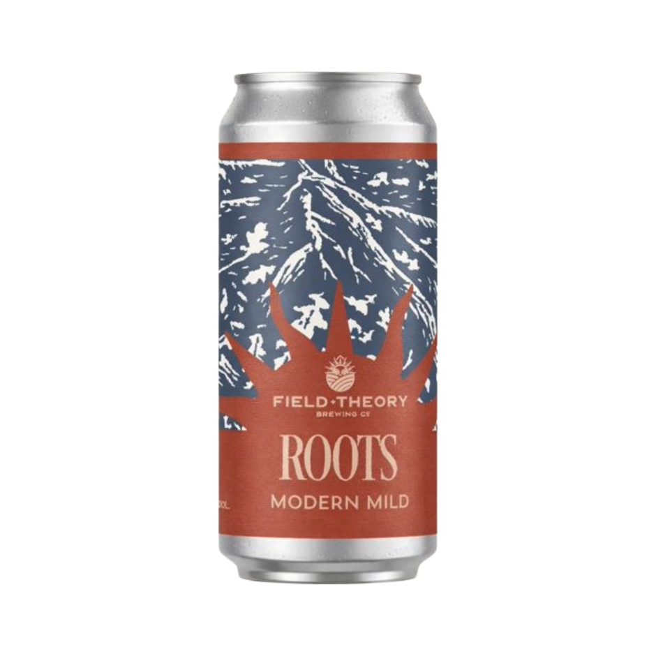 Roots Modern Mild Beer can with 'Field Theory Brewing Co' label on a white background