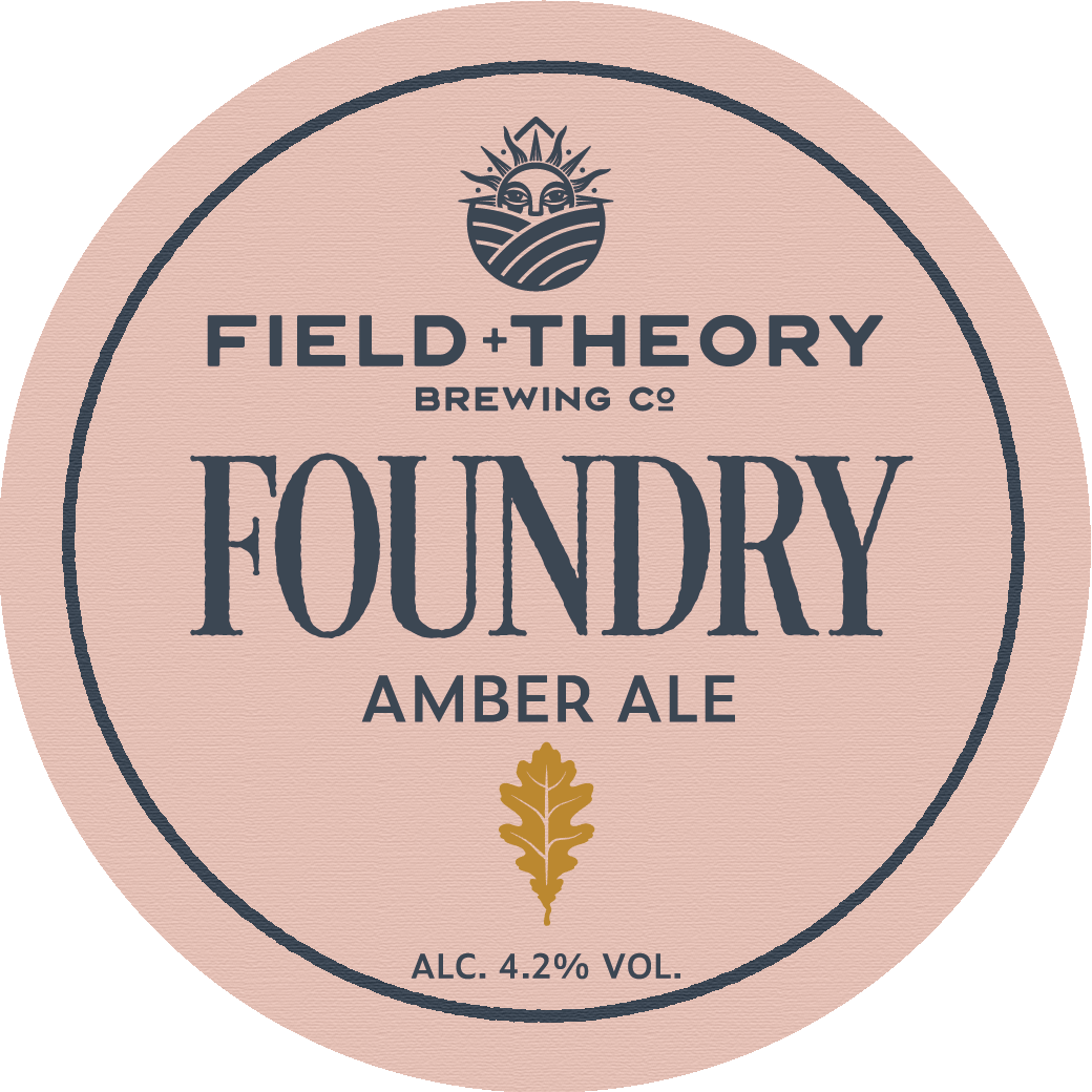 Field Theory Brewing Co. Foundry Amber Ale label on a pink background