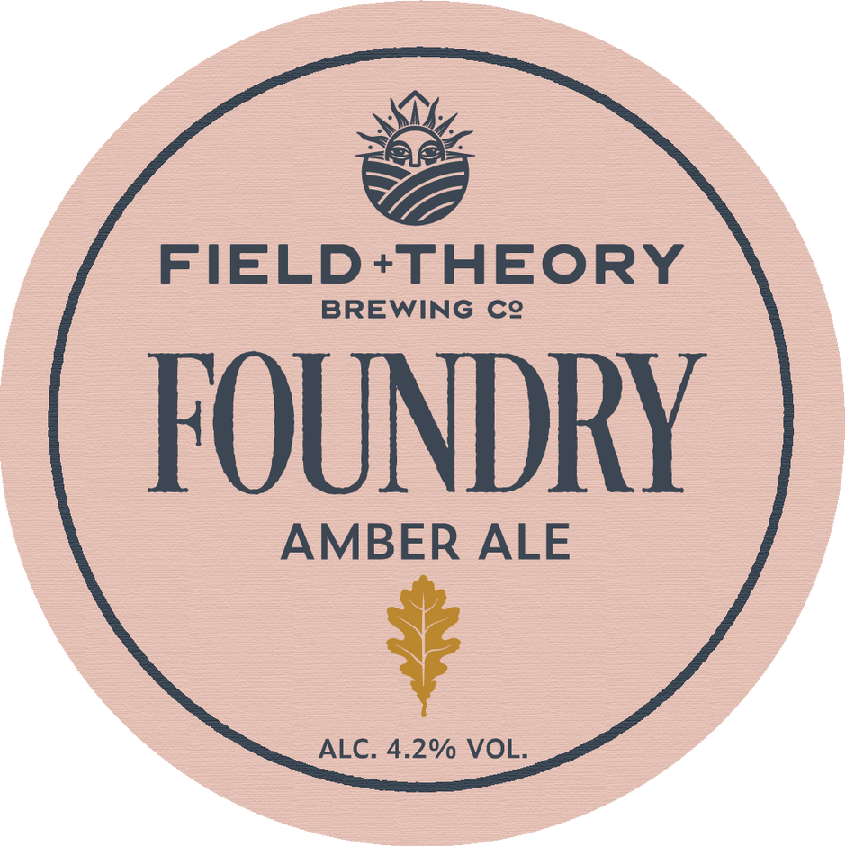 Field Theory Brewing Co. Foundry Amber Ale label on a pink background