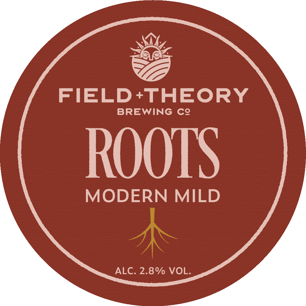 Field + Theory Brewing Co. Roots Modern Mild label on a red background