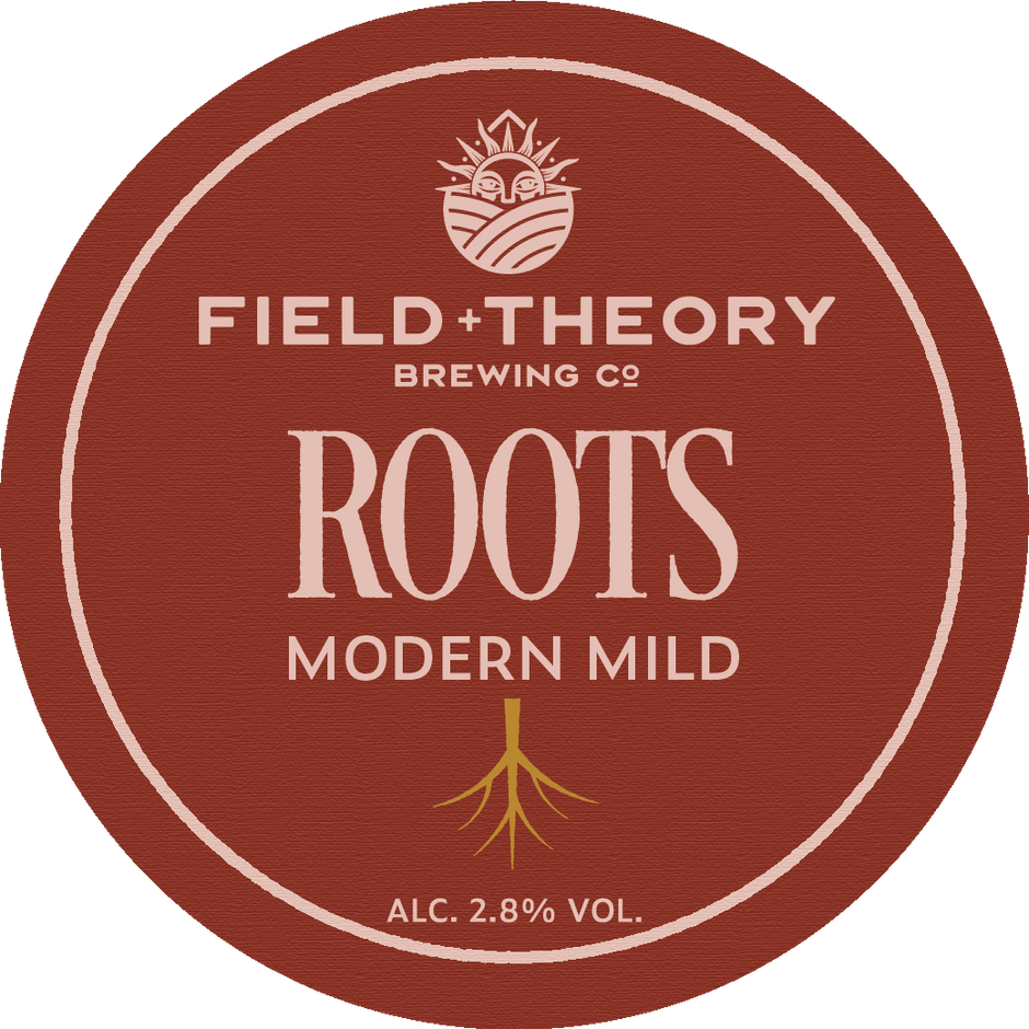 Field + Theory Brewing Co. Roots Modern Mild label on a red background
